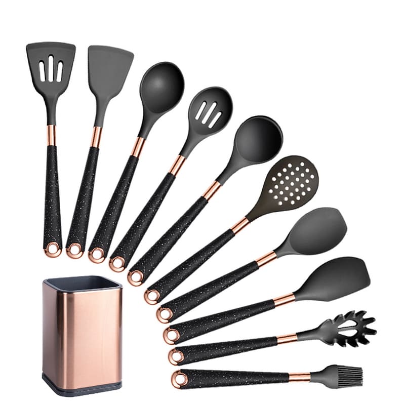 Ensemble d'ustensiles de cuisine en silicone de 10 pièces avec organiseur en rose