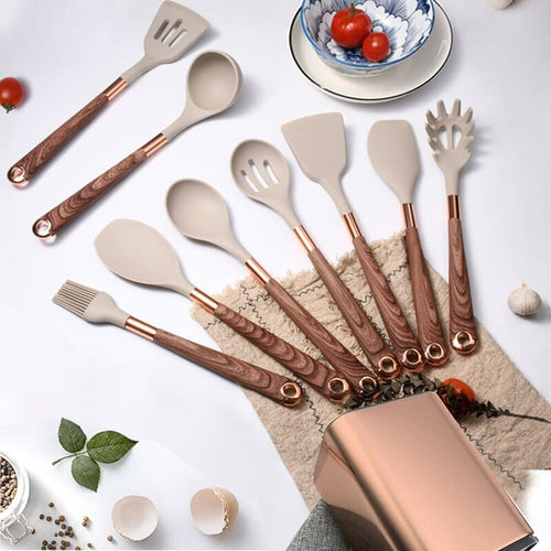 Ensemble d'ustensiles de cuisine en silicone de 10 pièces avec organiseur en rose