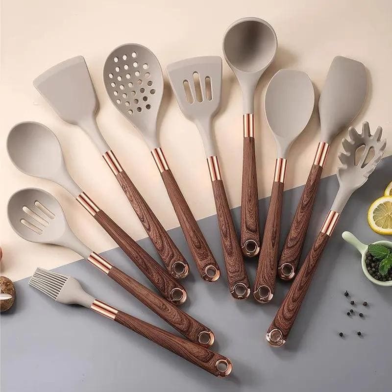 Ensemble d'ustensiles de cuisine en silicone de 10 pièces avec organiseur en rose